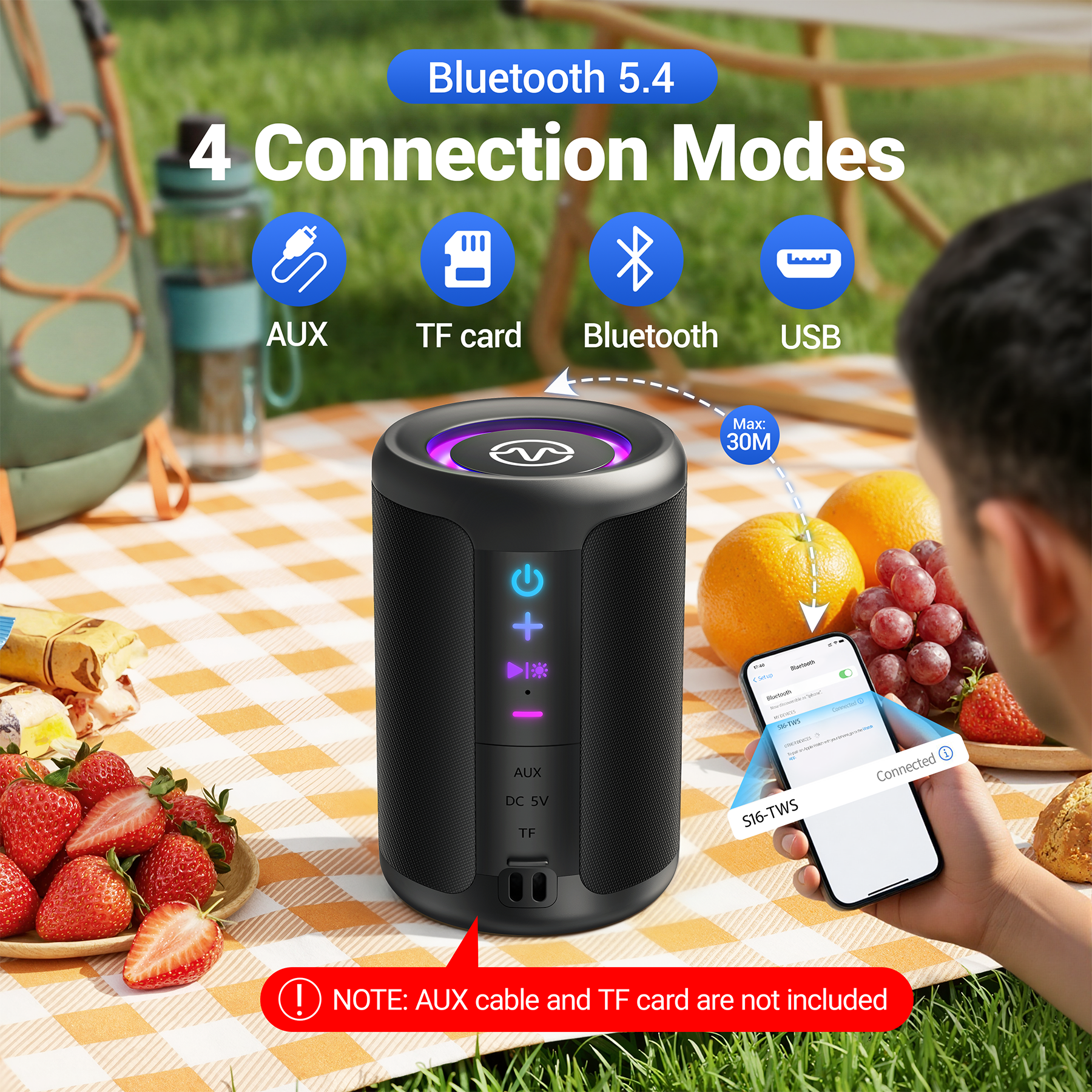 VEAT00L S16 Bluetooth speaker, Wireless Portable Bluetooth Speaker with Waterproof, Up to 24H Playtime,Powerful Bass,BT 5.4,LED Lights,TWS Pairing for Home/Party/Outdoor/Beach,Birthday Gift