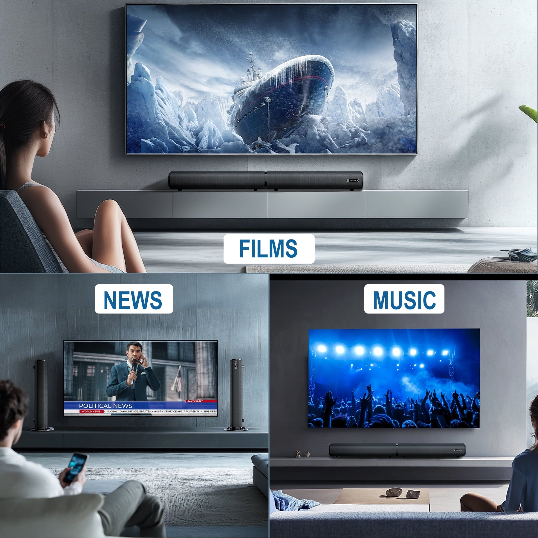 VEAT00L 2.2ch Sound Bar, 100W Bluetooth 5.0 Sound Bars for Smart TV, 3D Surround Sound System with Powerful Bass,Home Theater Speakers with USB/Optical/AUX, TV Speakers Soundbars with Split Design