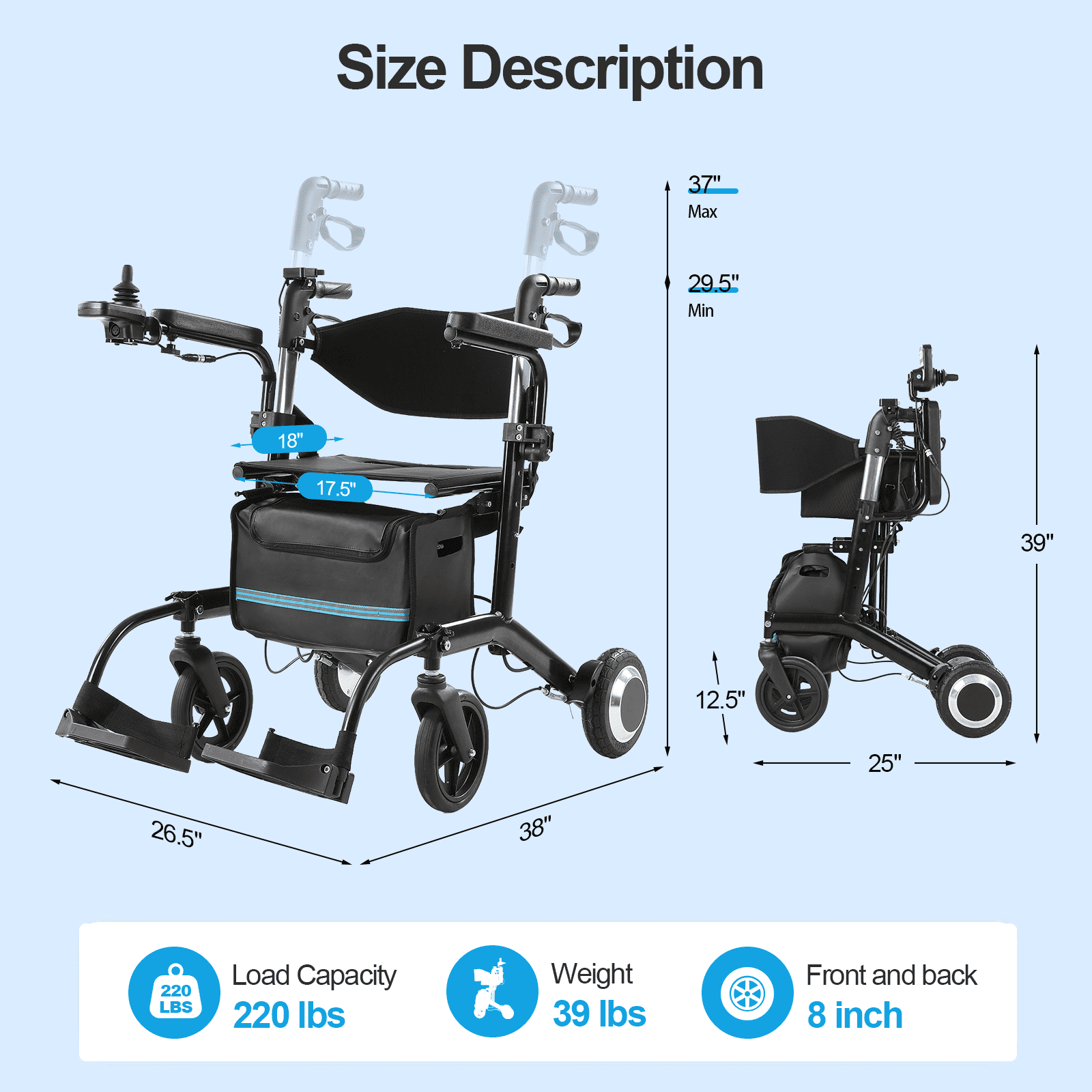 4 in 1 Wheelchair Rollator Walker Combo, 39lbs Lightweight Electric Wheelchair for Adults, 10Ah Battery, Black